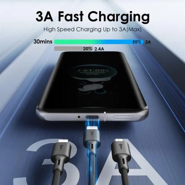 DuraLine 3 – 3-in-1 USB-A to Lightning, USB-C & Micro USB Cable – 1.2M 3A Fast Charging