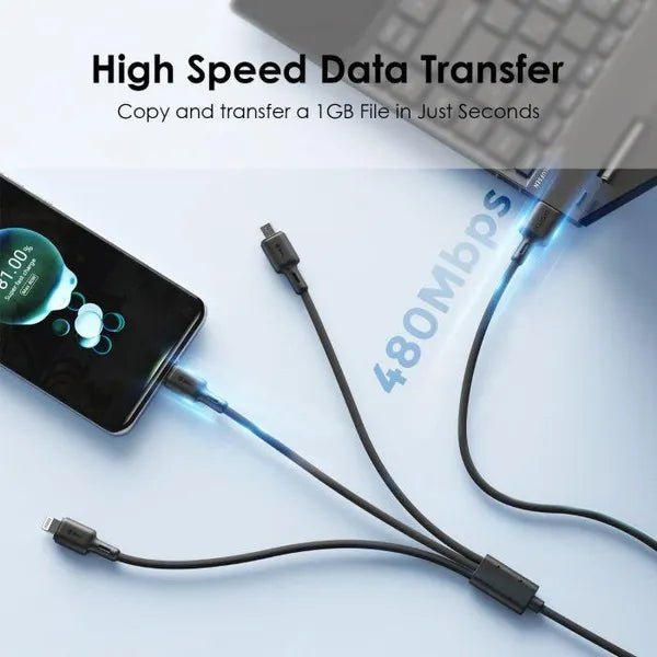 DuraLine 3 – 3-in-1 USB-A to Lightning, USB-C & Micro USB Cable – 1.2M 3A Fast Charging