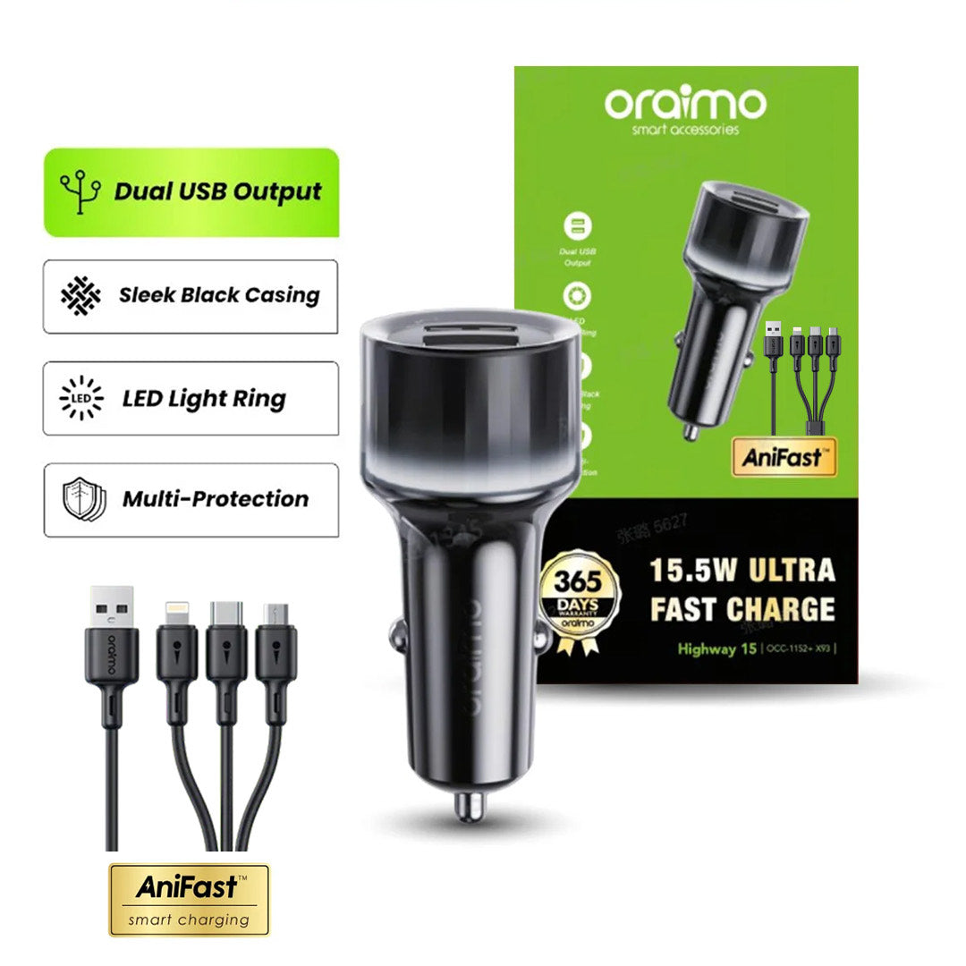 Highway 15 – 15.5W Car Charger, Dual USB & LED Light Ring