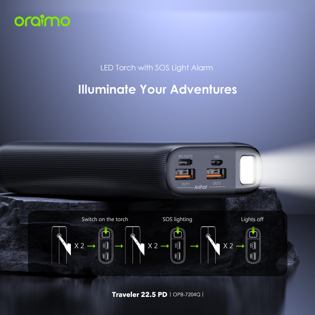 Traveler 22.5 PD – 20000mAh Power Bank with LED Flashlight & 22.5W Fast Charging