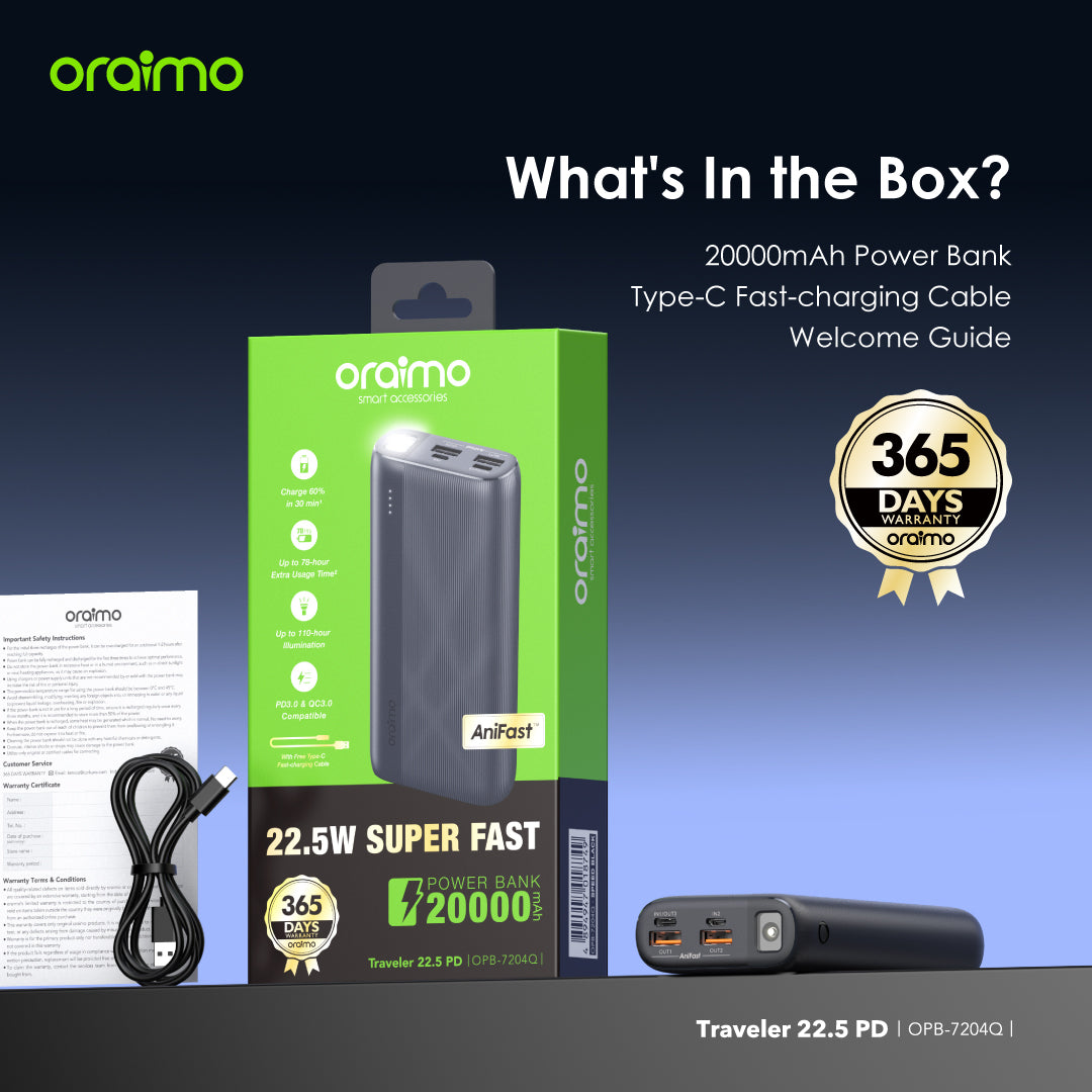 Traveler 22.5 PD – 20000mAh Power Bank with LED Flashlight & 22.5W Fast Charging