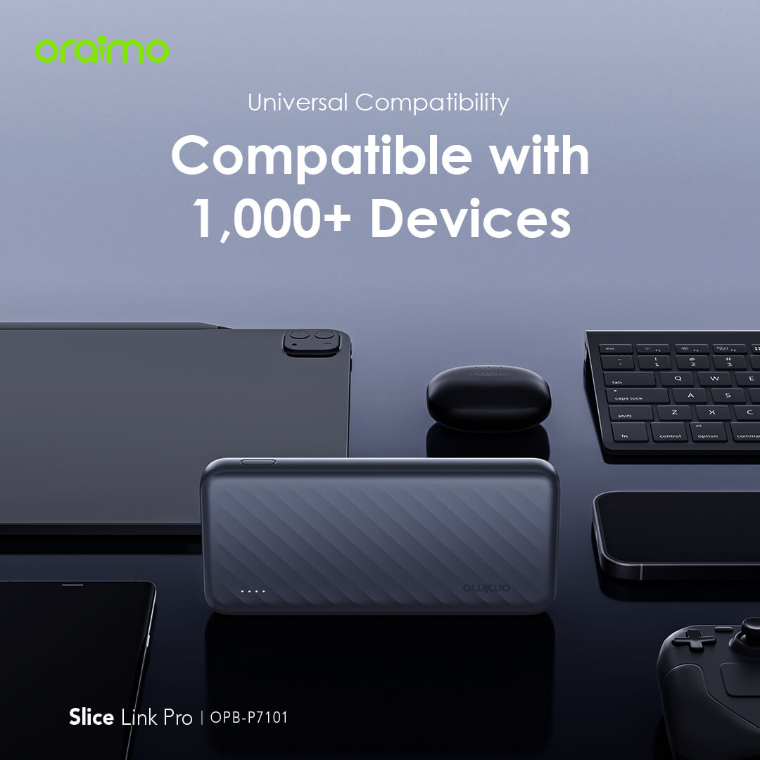 Slice Link Pro – 10000mAh Power Bank with Built-in Lightning, USB-C & Micro-USB Cables
