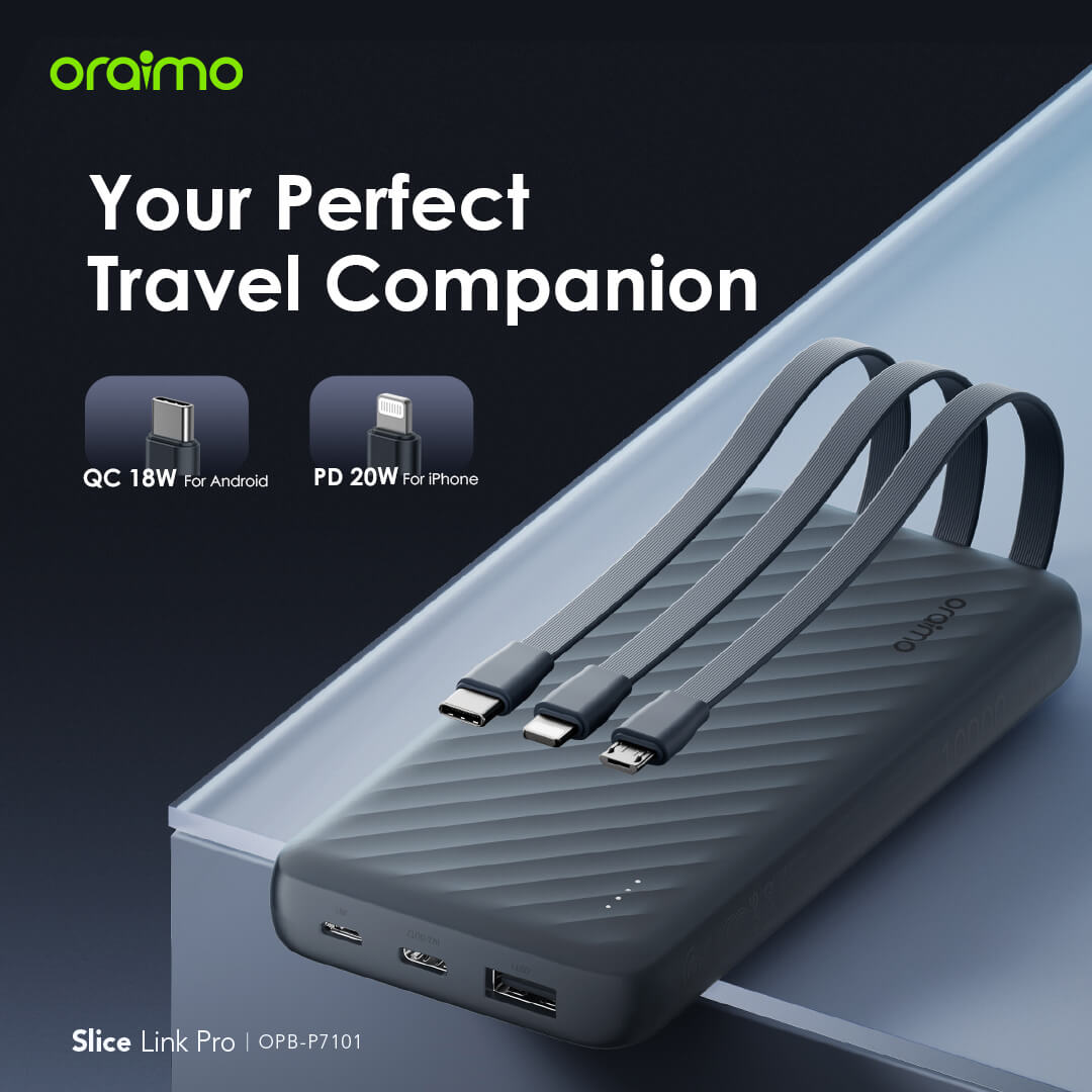 Slice Link Pro – 10000mAh Power Bank with Built-in Lightning, USB-C & Micro-USB Cables