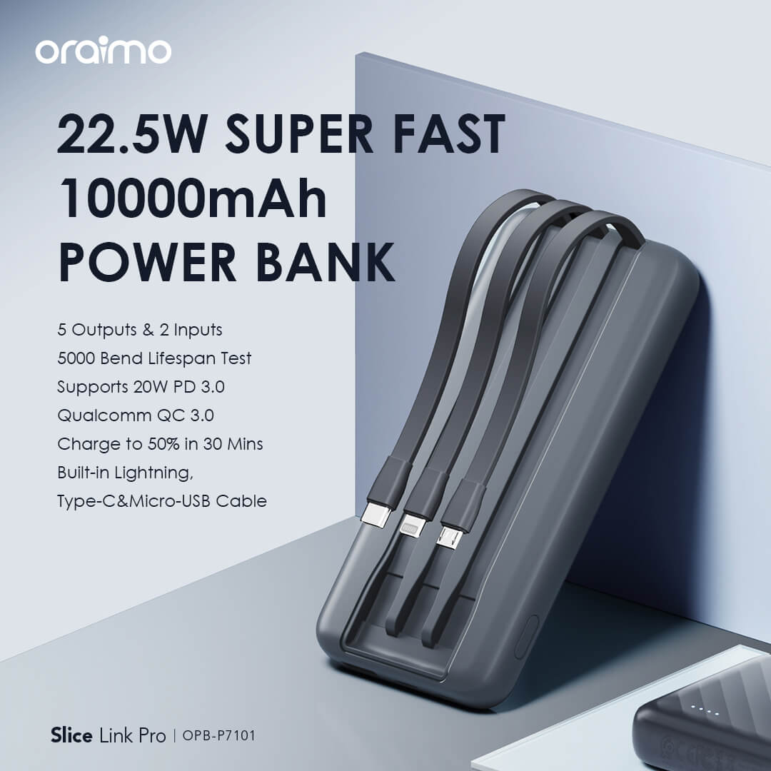 Slice Link Pro – 10000mAh Power Bank with Built-in Lightning, USB-C & Micro-USB Cables