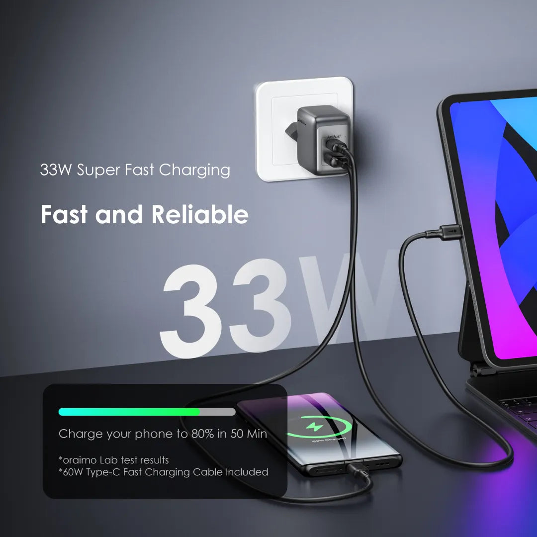 PowerCube 33 Pro – 33W Dual-Port GaN Fast Charger with 60W USB-A to USB-C Cable