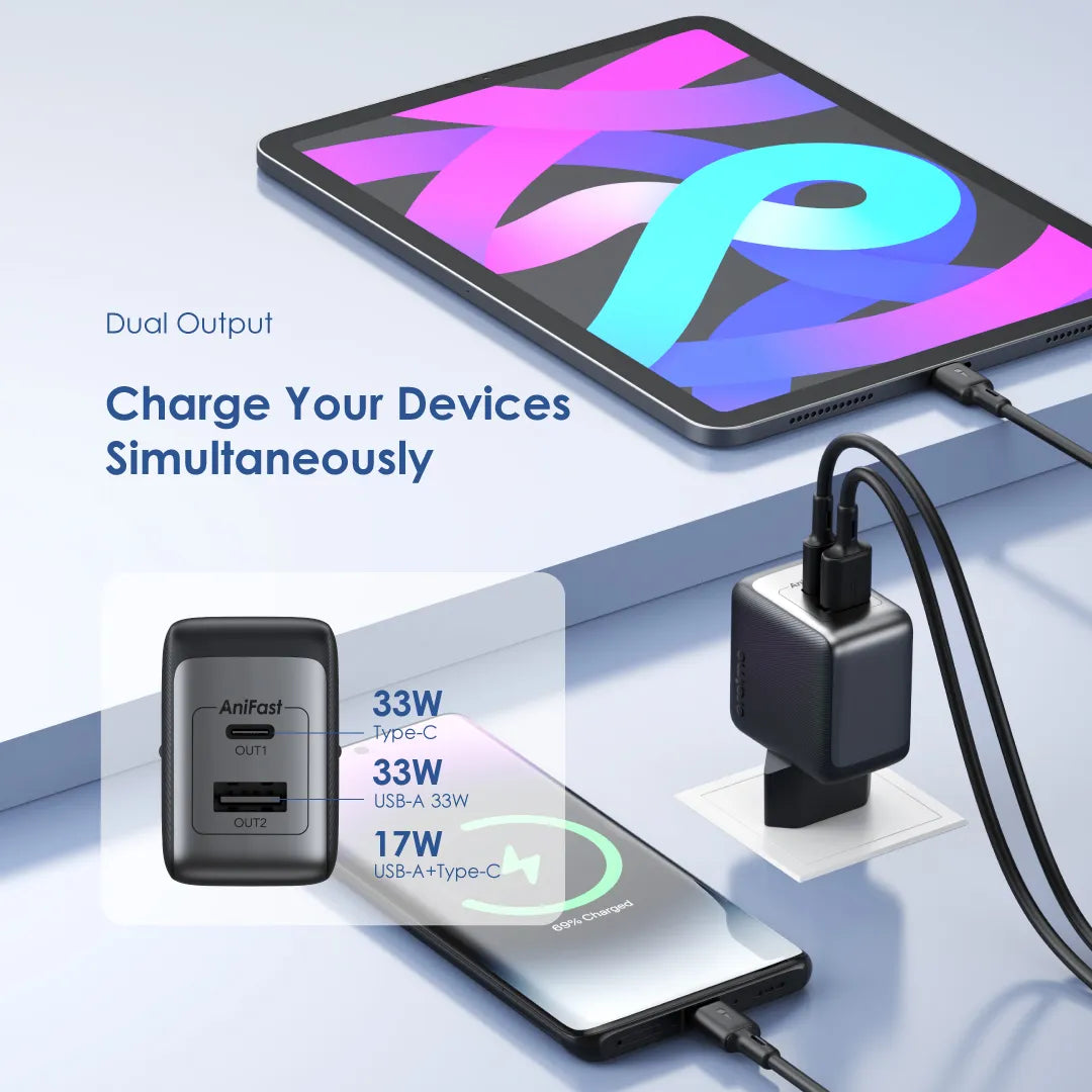 PowerCube 33 Pro – 33W Dual-Port GaN Fast Charger with 60W USB-A to USB-C Cable